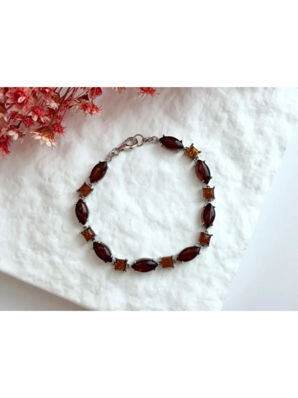 Natural Baltic Amber Marquise Chainlink Vintage Sterling Silver 925 Bracelet 7